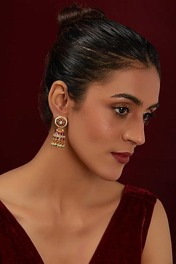Gold Plated Kundan Polki & Ruby Stone Dangler Earrings