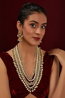 Gold Plated Kundan Polki & Pearl Layered Necklace Set
