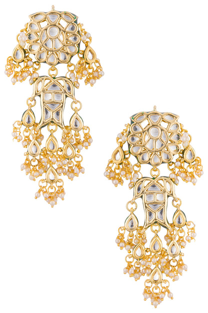 Gold plated kundan and pearl long earrings