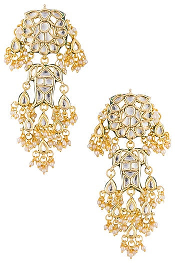 Gold plated kundan and pearl long earrings