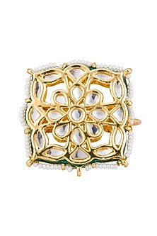 Gold plated kundan and pearl two finger ring