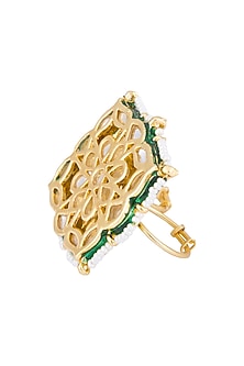 Gold plated kundan and pearl two finger ring