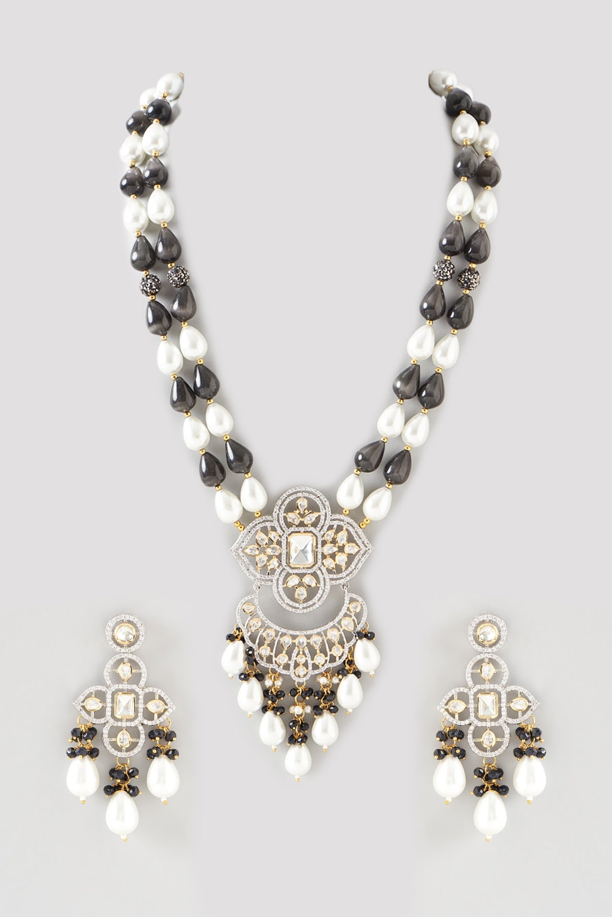 Gold Finish White Kundan Polki Long Necklace Set