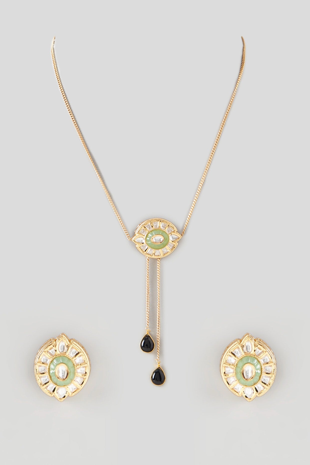 Gold Finish Green & Black Stone Necklace Set