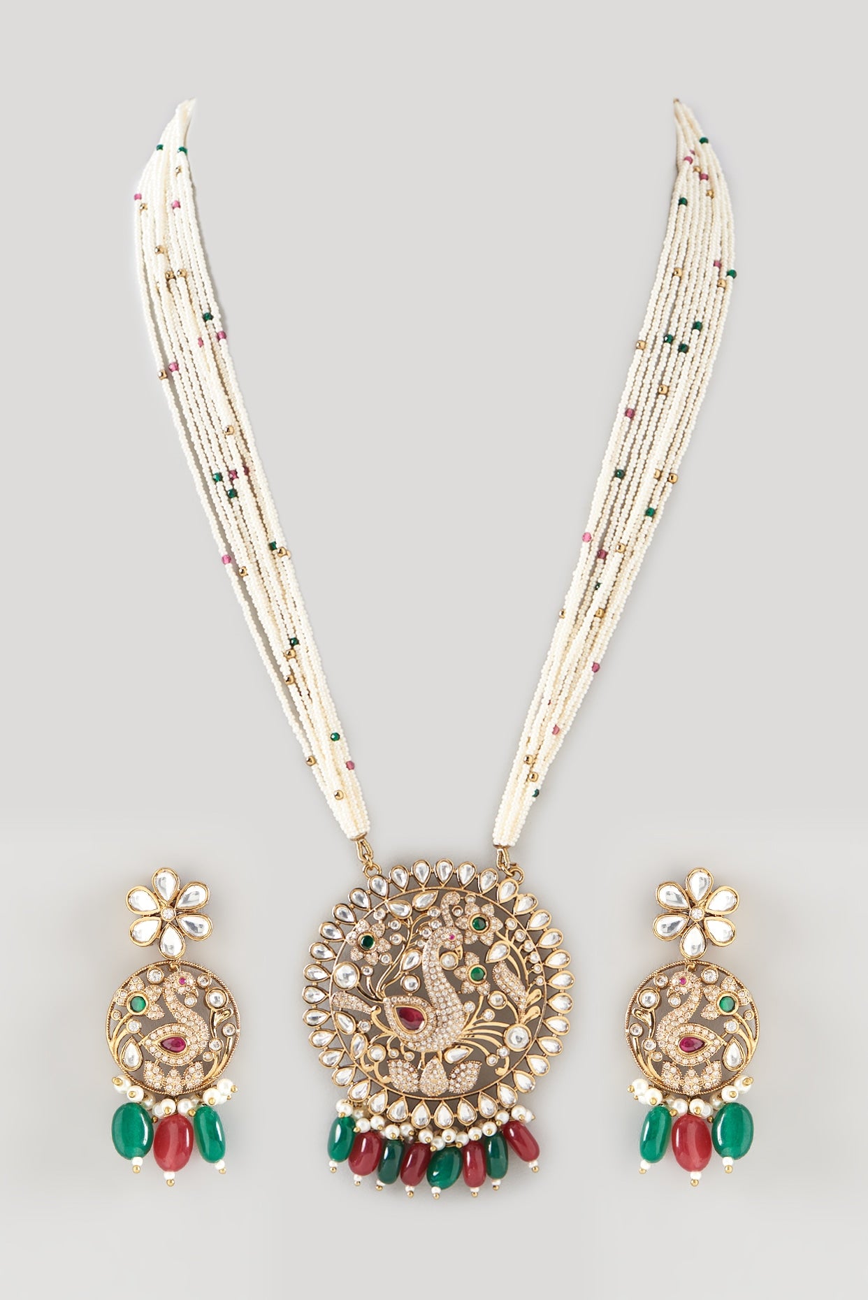 Gold Finish Green & Red Stone Long Necklace Set