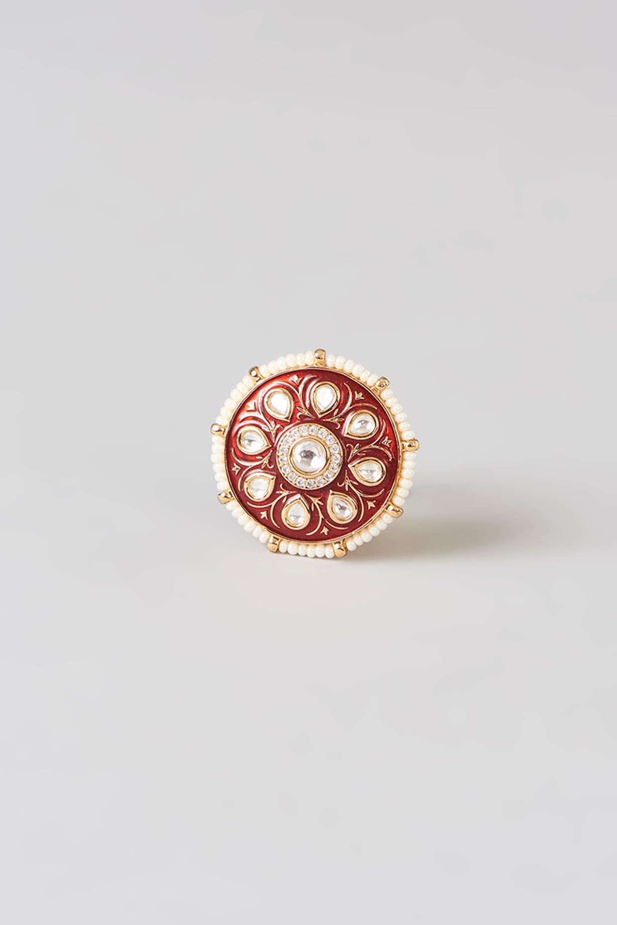 Gold Finish Kundan Polki & Pearl Enamelled Ring