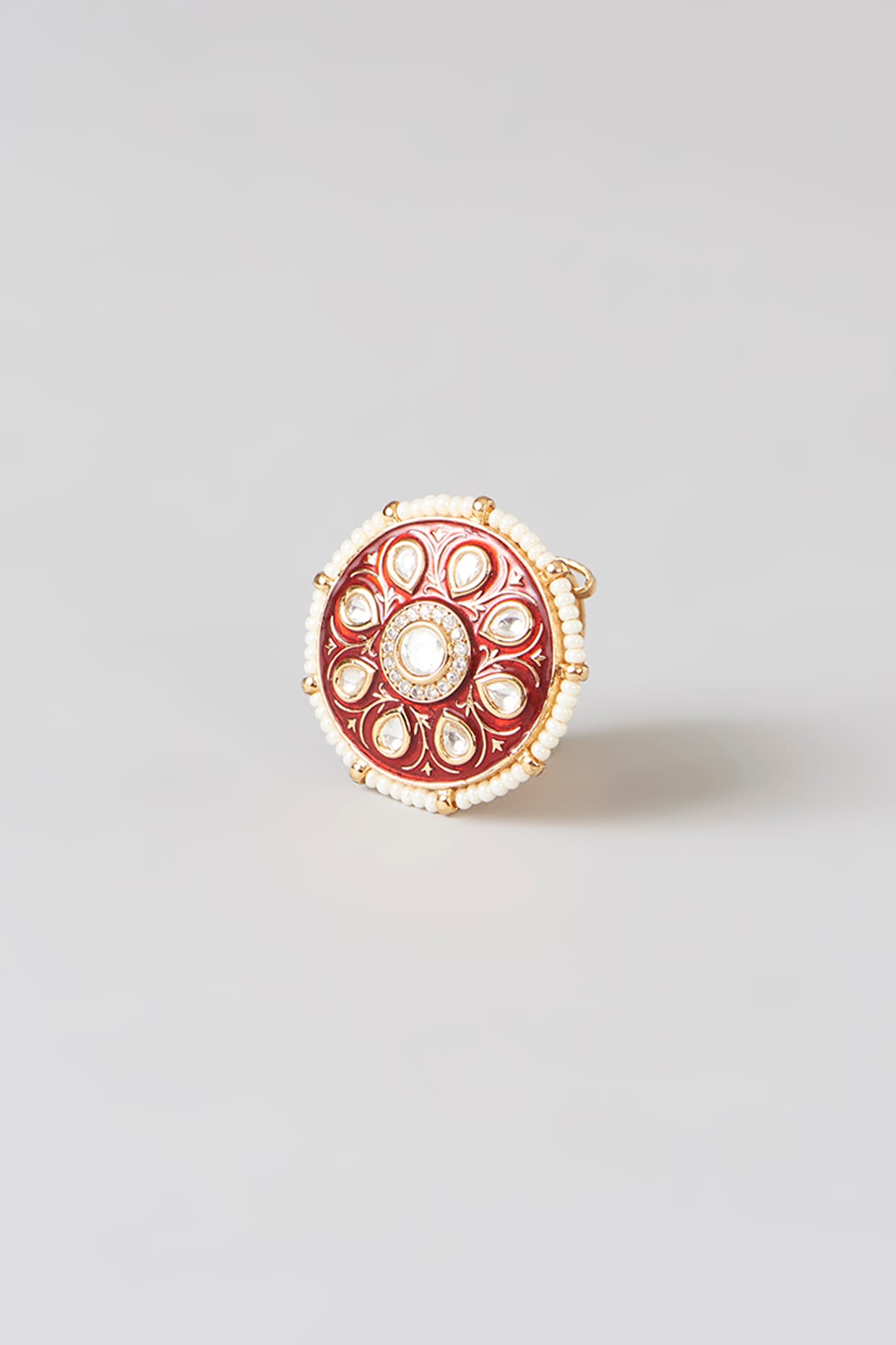 Gold Finish Kundan Polki & Pearl Enamelled Ring