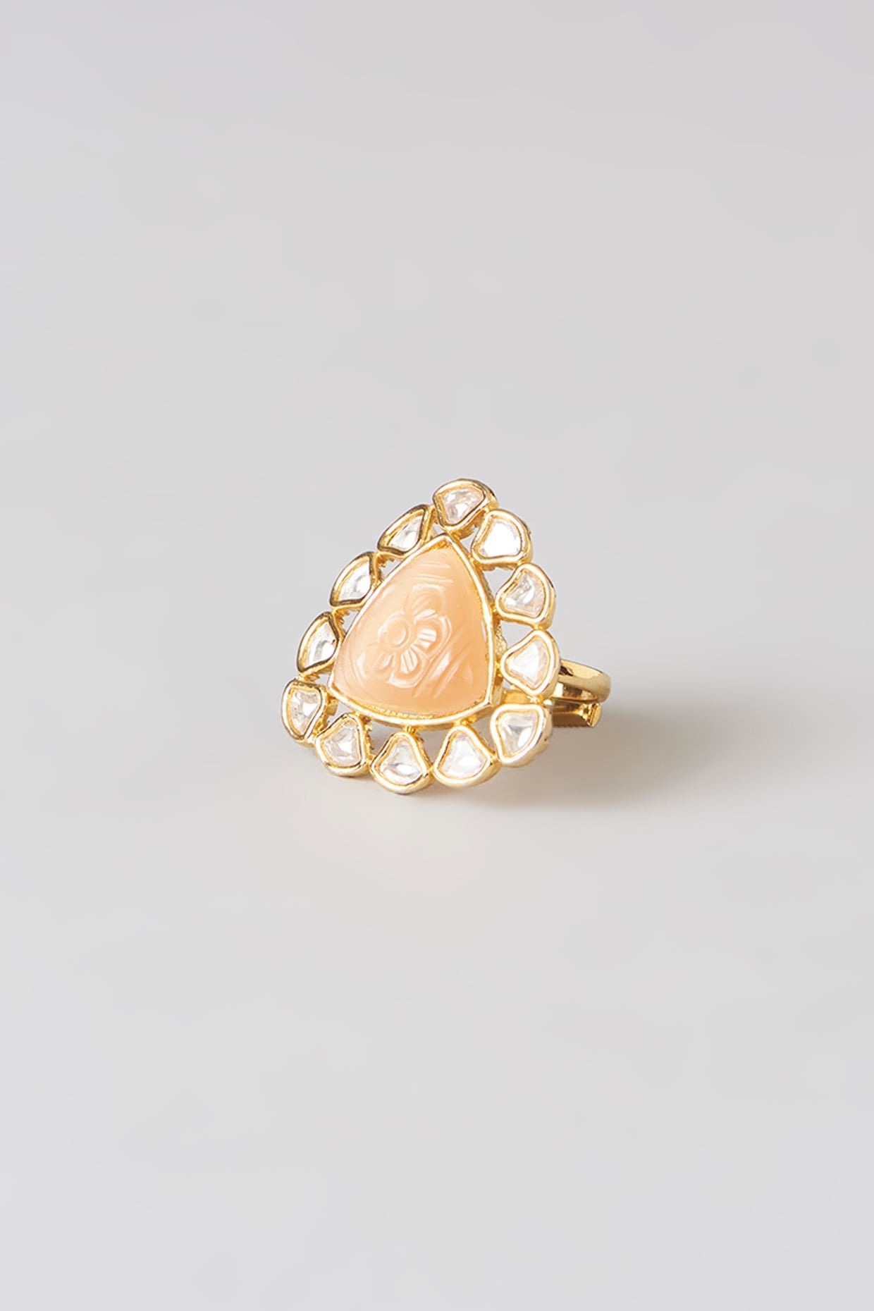 Gold Finish Kundan Polki & Yellow Carved Stone Ring