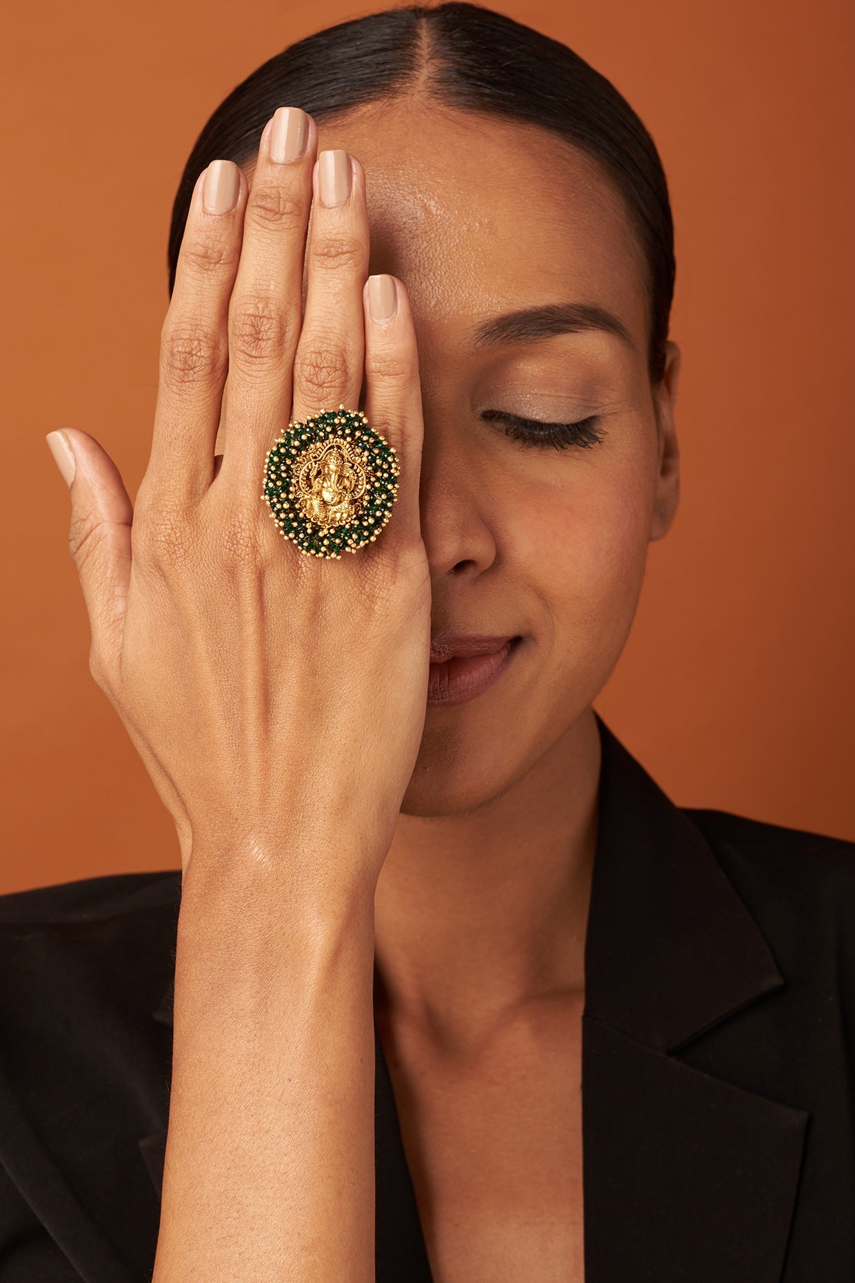 Gold Finish Beaded Ganesha Ring