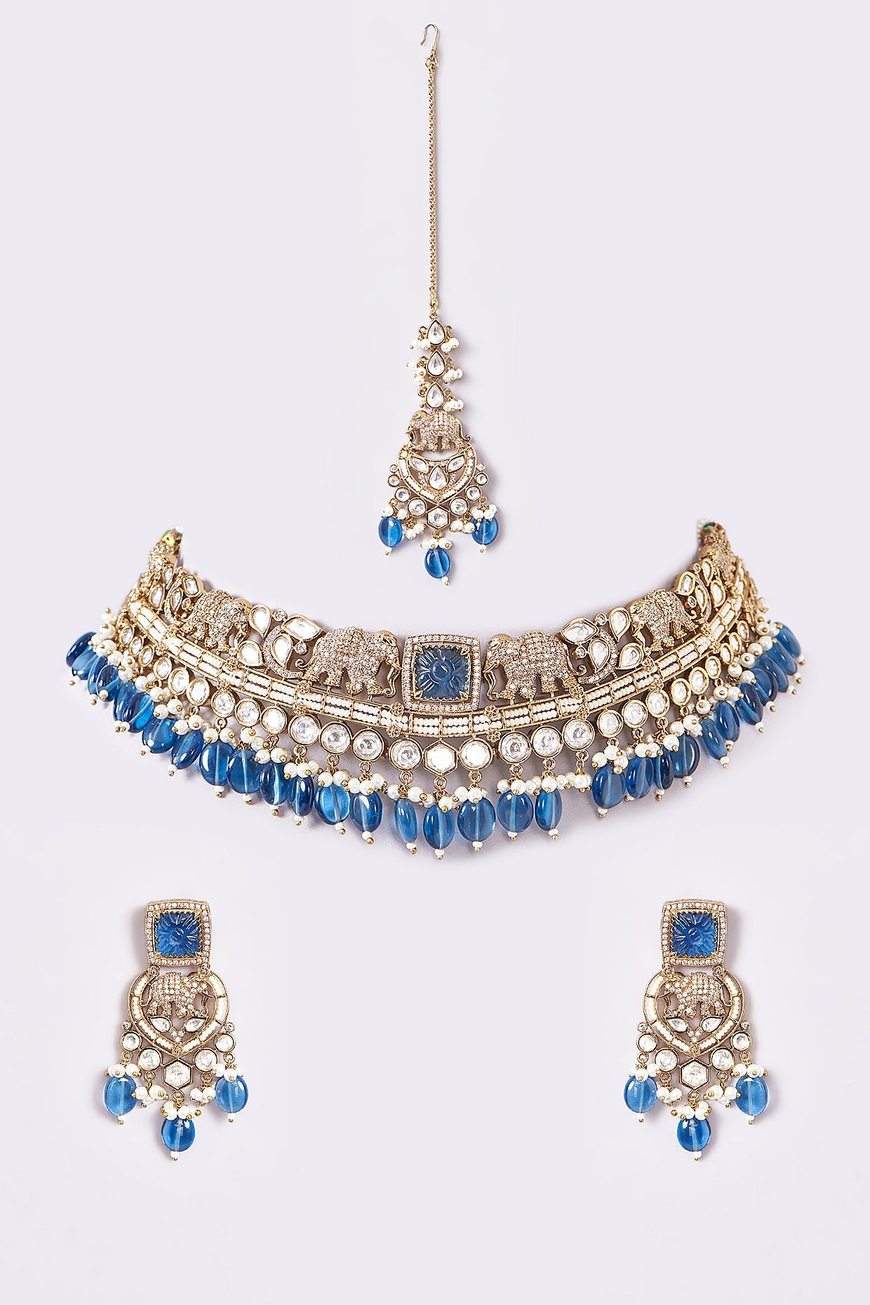 Gold Finish Kundan Polki & Blue Stone Choker Necklace Set