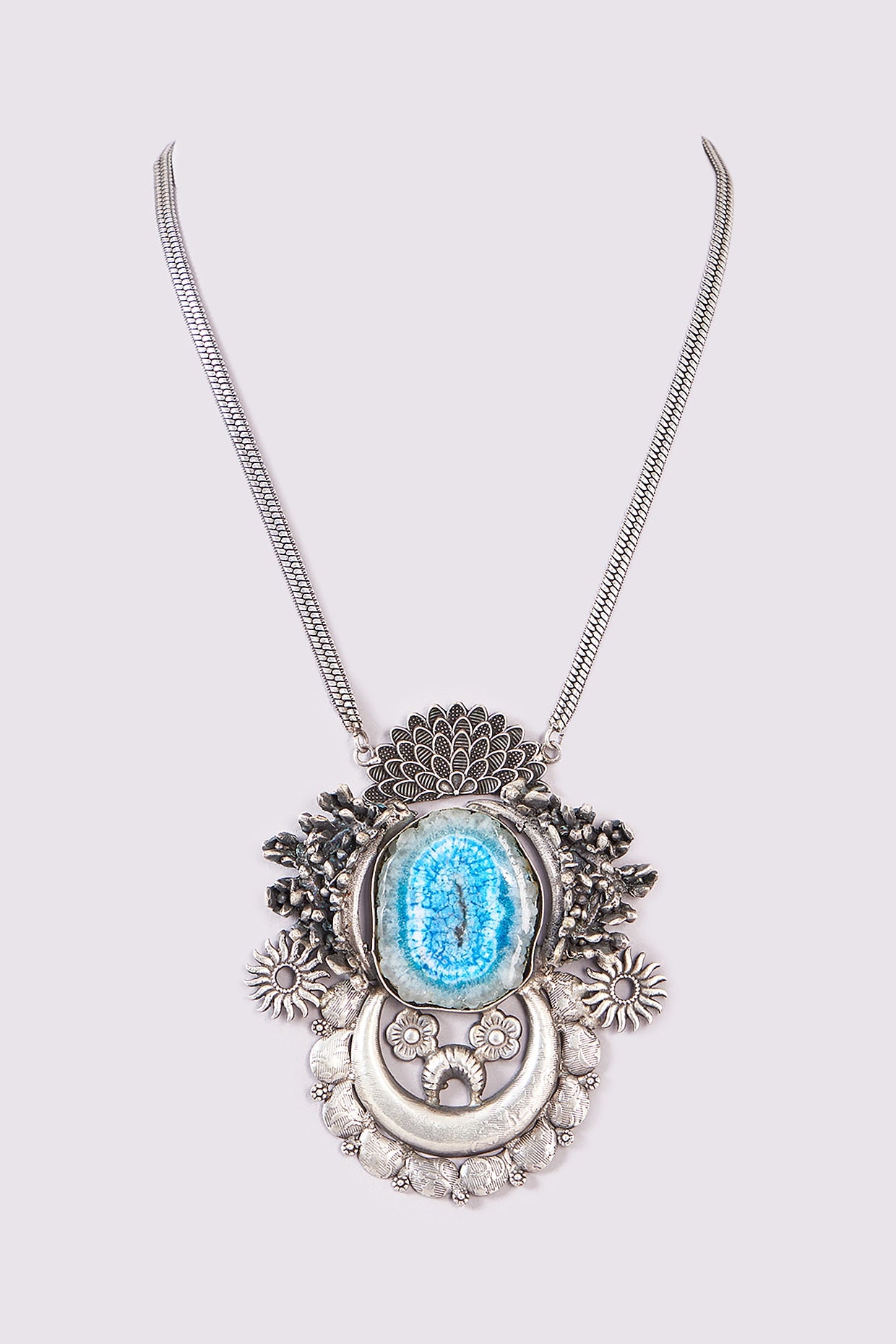 Silver Oxidized Finish Blue Stone Long Necklace