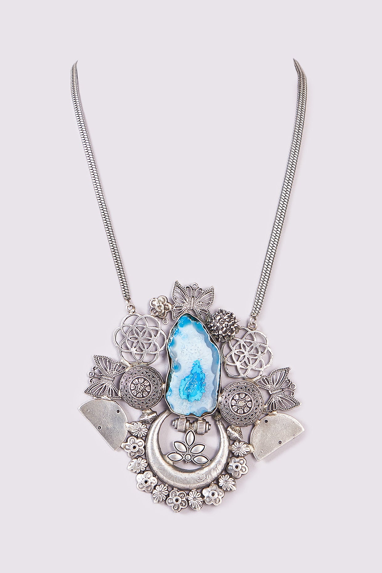 Silver Oxidized Finish White & Blue Stone Long Necklace