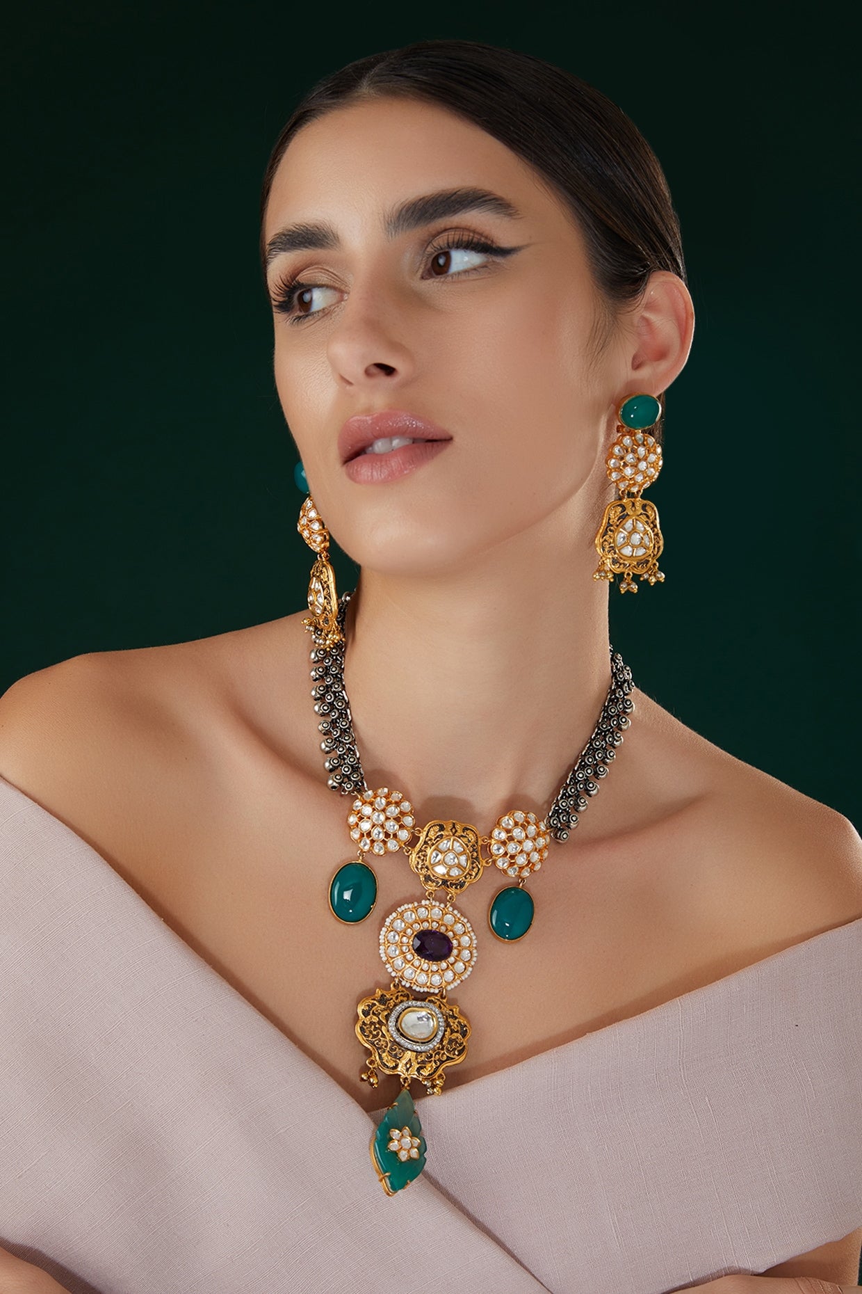 Two-Tone Finish Kundan Polki & Green Stone Necklace Set