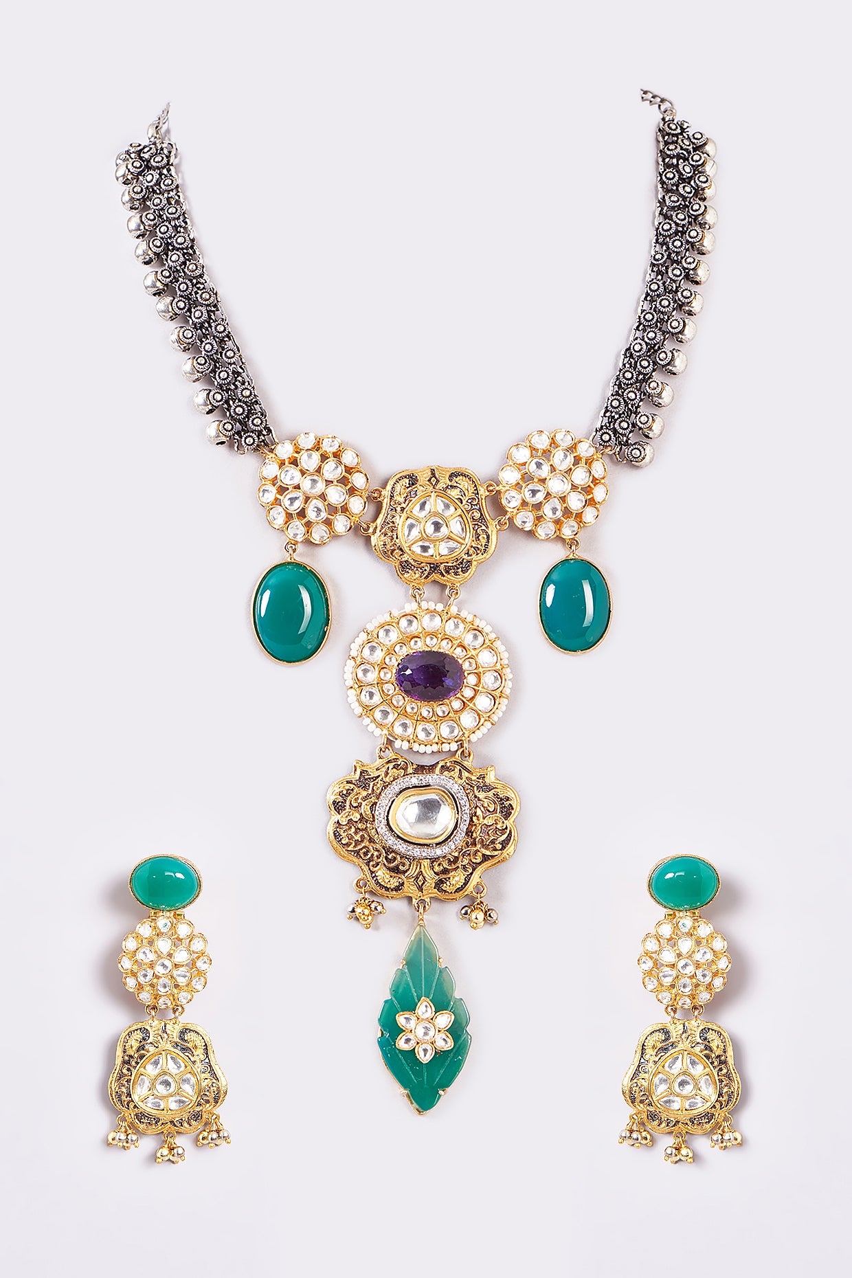 Two-Tone Finish Kundan Polki & Green Stone Necklace Set