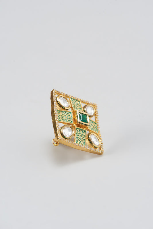 Gold Finish Kundan Polki Enameled Ring