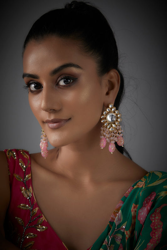 Gold Finish Kundan Polki & Pink Beaded Dangler Earrings