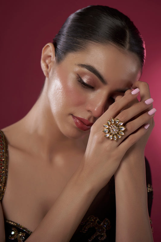 Gold Finish Kundan Polki Floral Ring