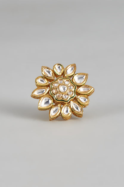 Gold Finish Kundan Polki Floral Ring