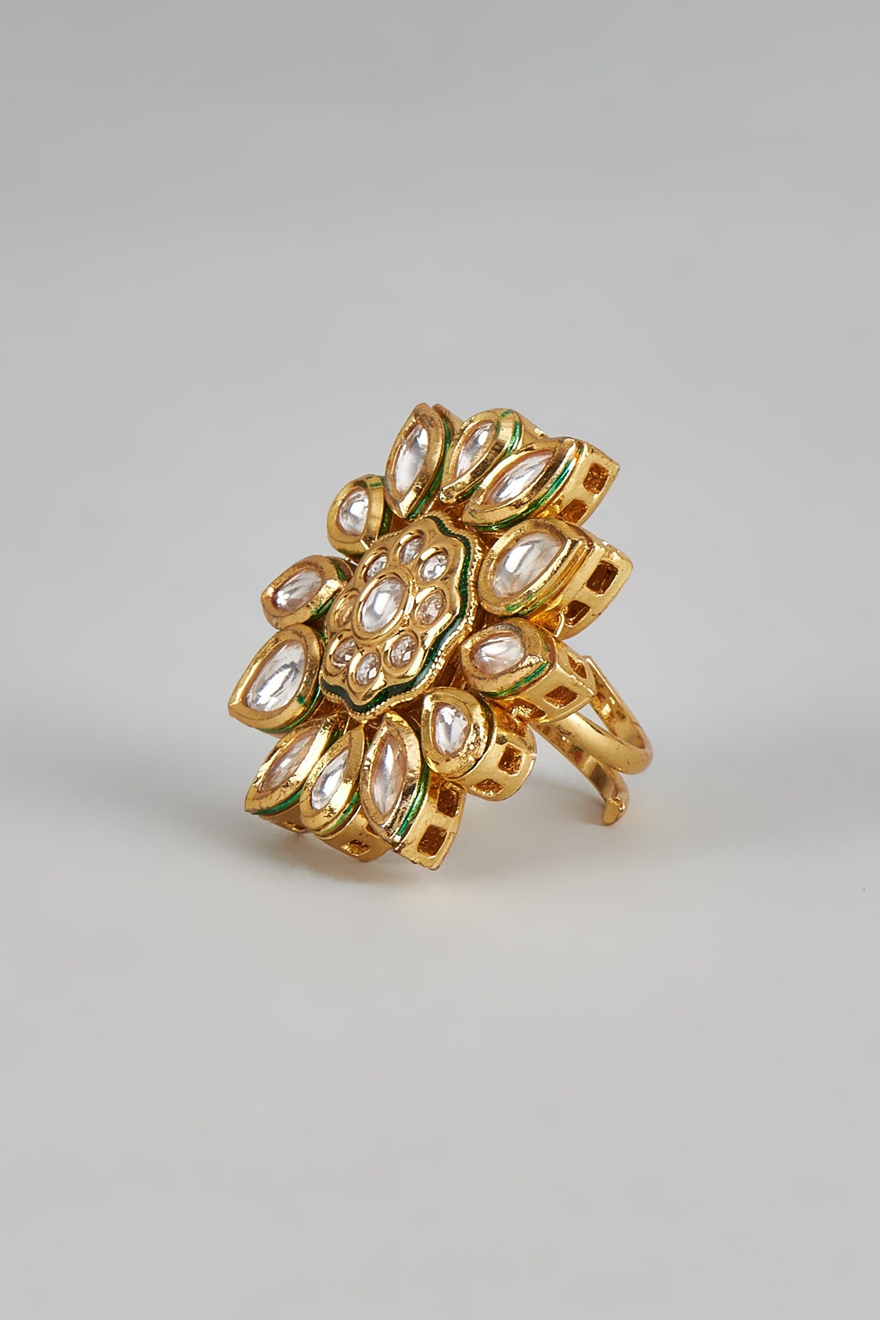 Gold Finish Kundan Polki Floral Ring