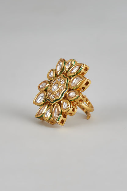 Gold Finish Kundan Polki Floral Ring