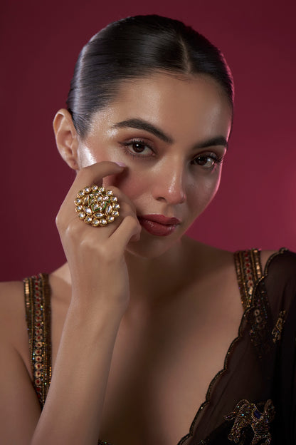 Gold Finish Kundan Polki Floral Lotus Ring