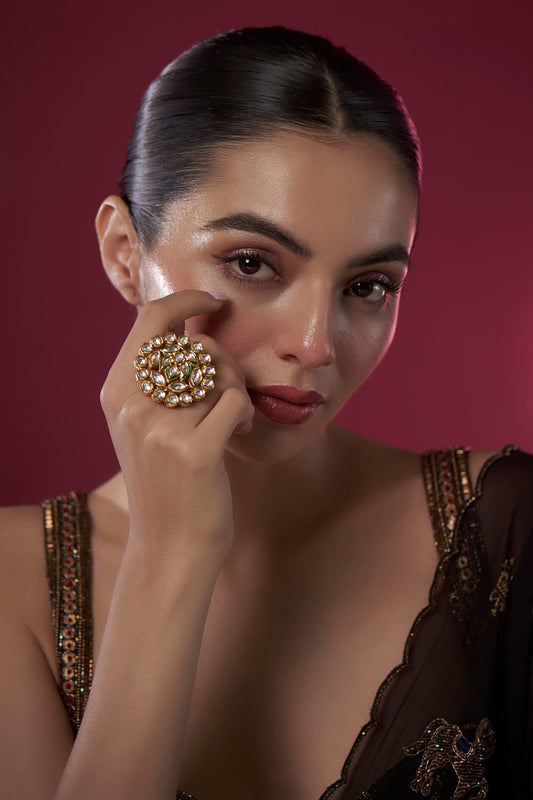 Gold Finish Kundan Polki Floral Lotus Ring