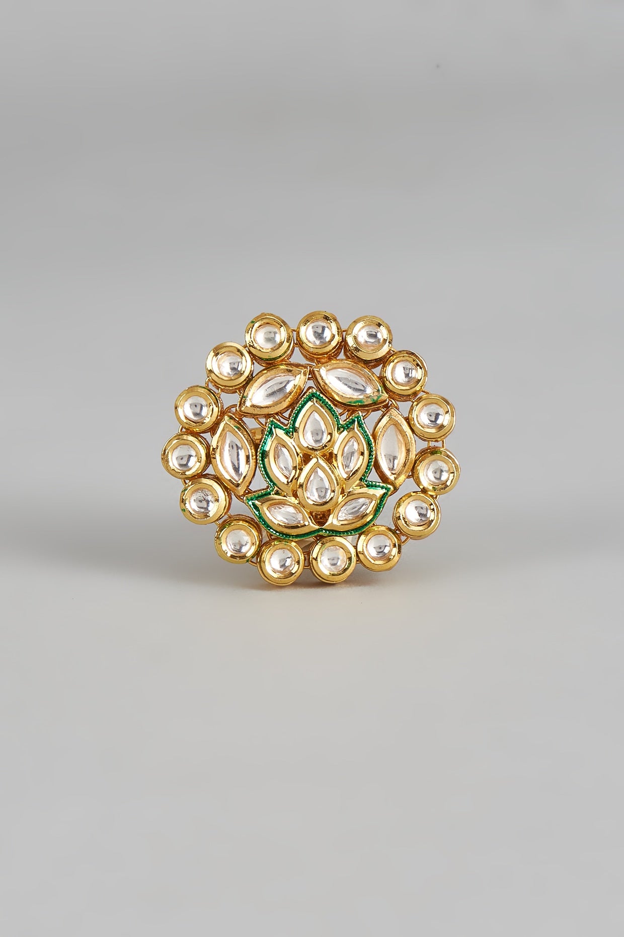 Gold Finish Kundan Polki Floral Lotus Ring