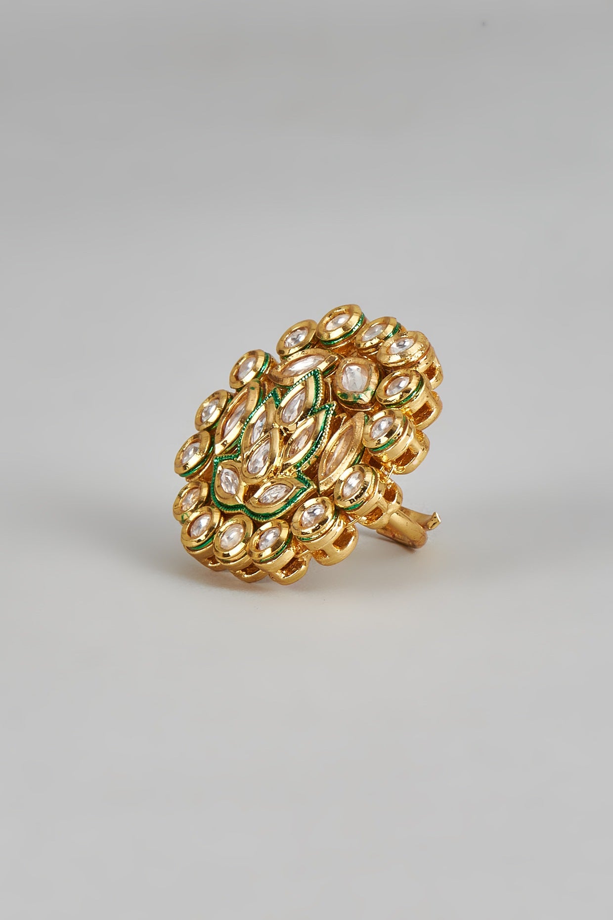 Gold Finish Kundan Polki Floral Lotus Ring