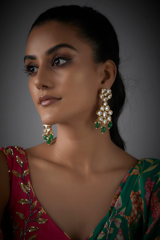Gold Finish Kundan Polki & Green Stone Floral Dangler Earrings