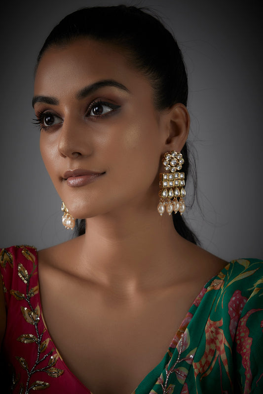 Gold Finish Kundan Polki Square Dangler Earrings