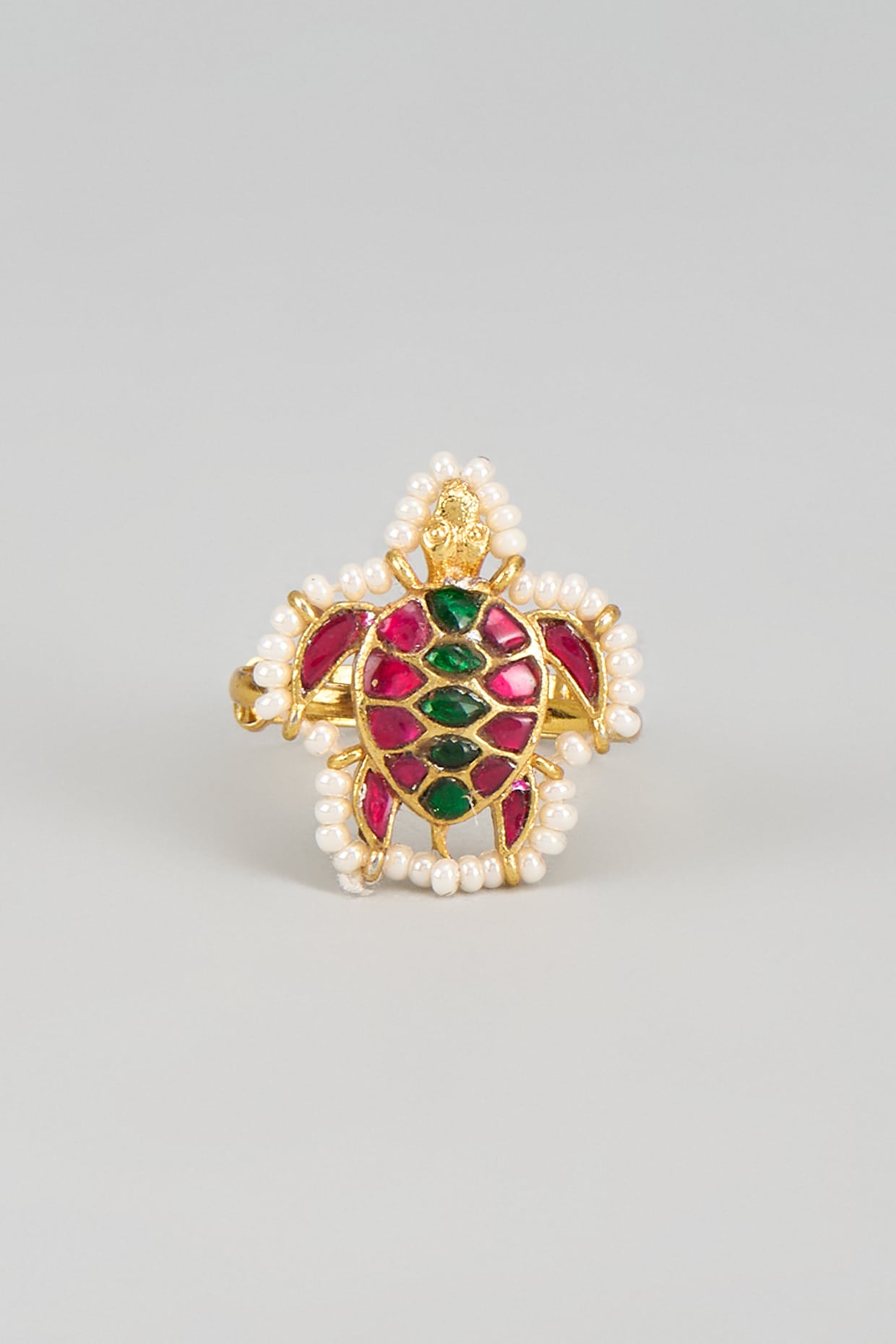 Gold Finish Multi-Colored Kundan Polki Turtle Ring