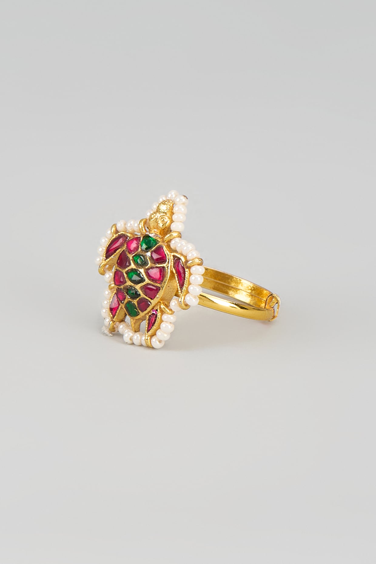 Gold Finish Multi-Colored Kundan Polki Turtle Ring