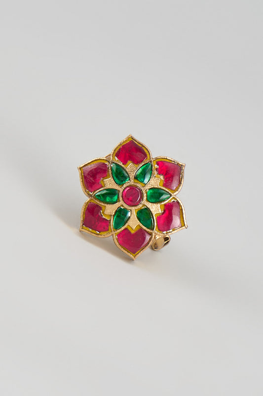 Gold Finish Multi-Colored Kundan Polki Floral Ring