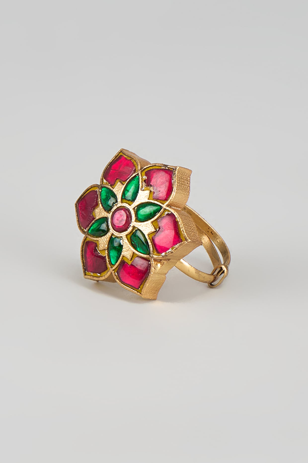 Gold Finish Multi-Colored Kundan Polki Floral Ring