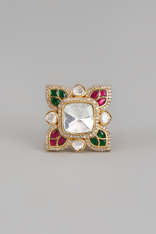 Gold Finish Kundan Polki & Multi-Colored Stone Ring