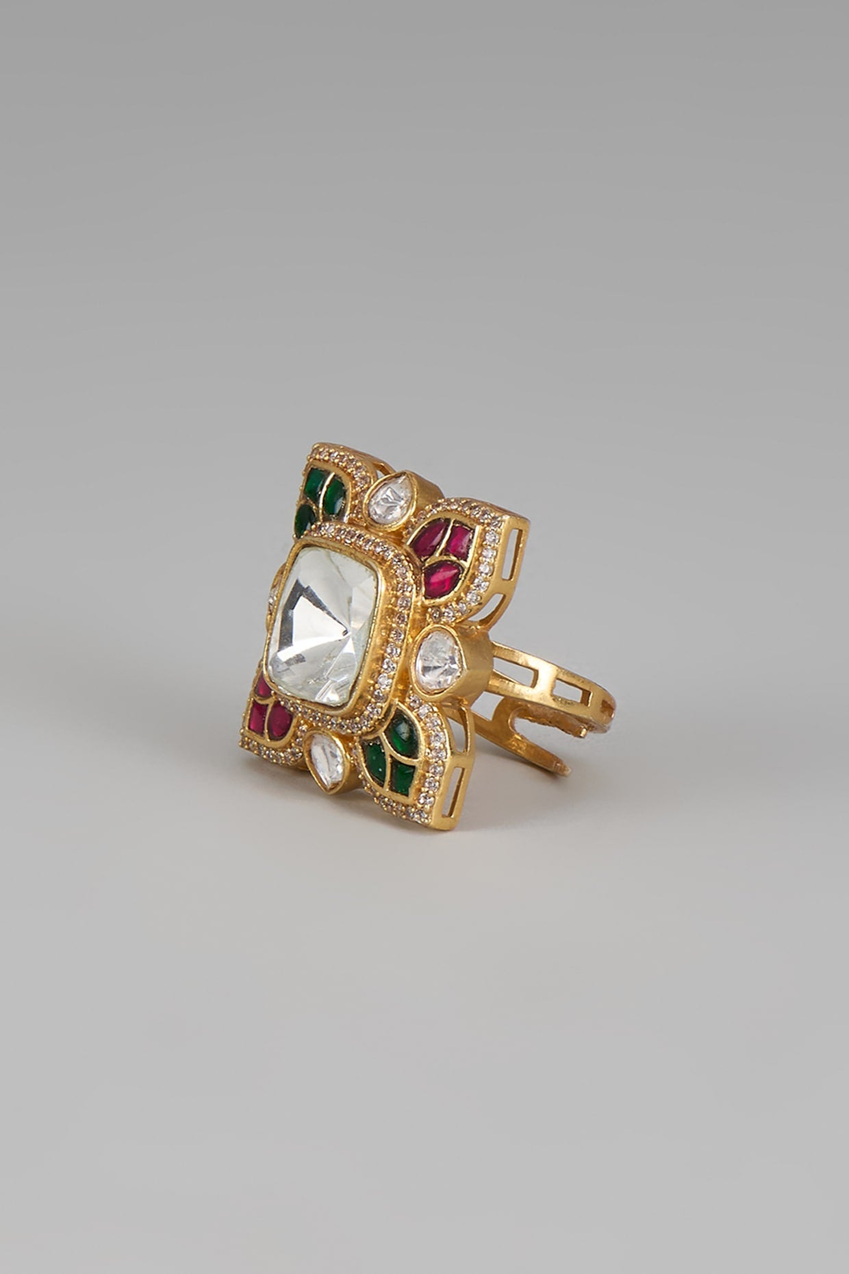 Gold Finish Kundan Polki & Multi-Colored Stone Ring