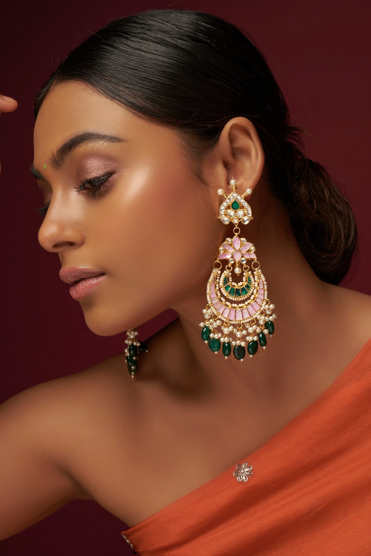 Gold Finish Pink Kundan Polki Chandbali Earrings