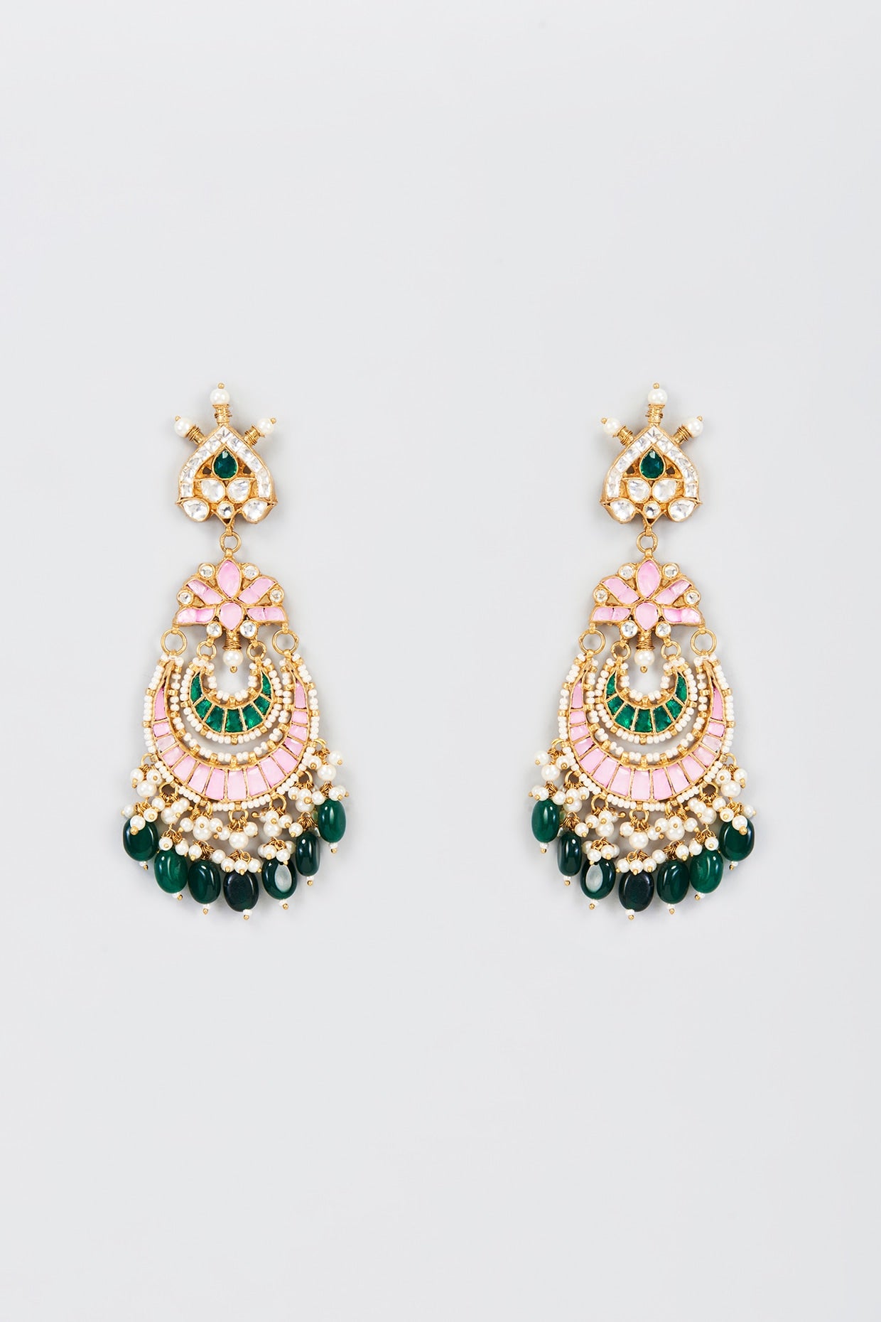 Gold Finish Pink Kundan Polki Chandbali Earrings