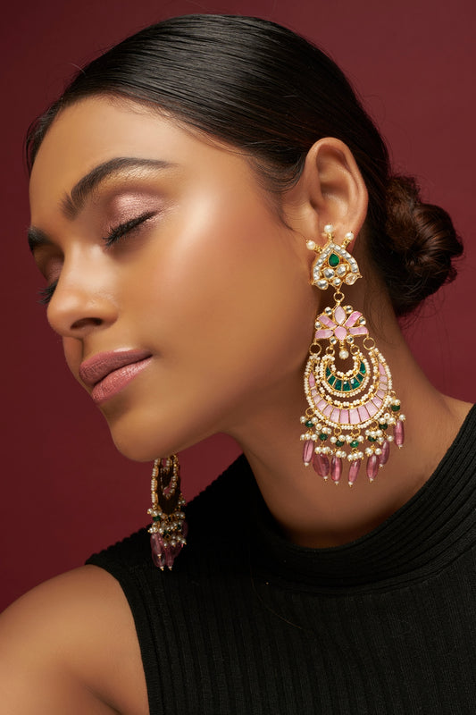 Gold Finish Pink Kundan Polki Chandbali Earrings