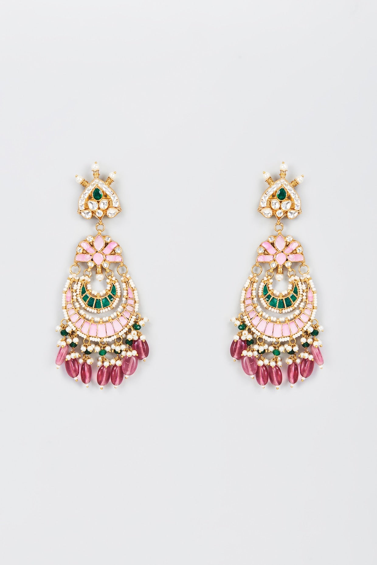 Gold Finish Pink Kundan Polki Chandbali Earrings