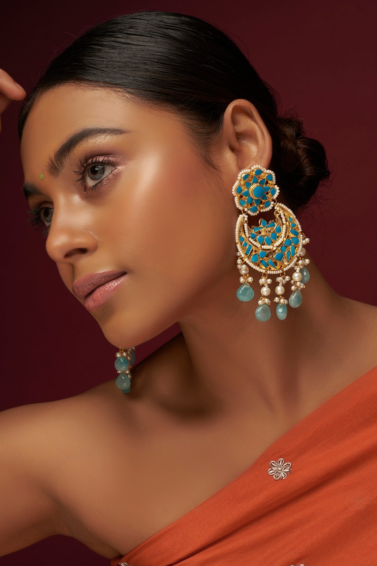 Gold Finish Blue Kundan Polki Chandbali Earrings