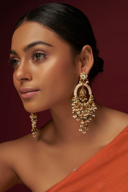 Gold Finish Kundan Polki Chandbali Earrings