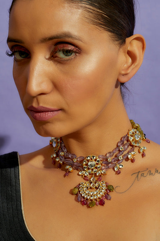 Gold Finish Navratna Stone Choker Necklace In Sterling Silver