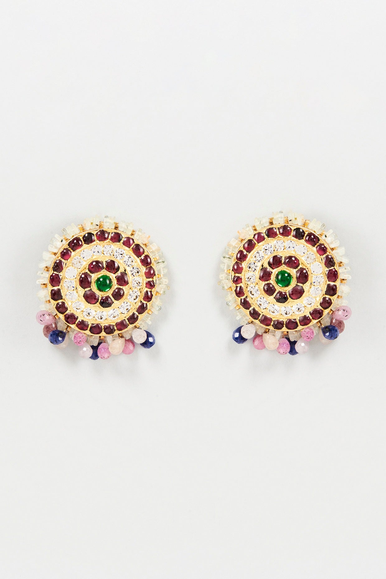 Gold Finish Multi-Colored Semi-Precious Stone Stud Earrings In Sterling Silver