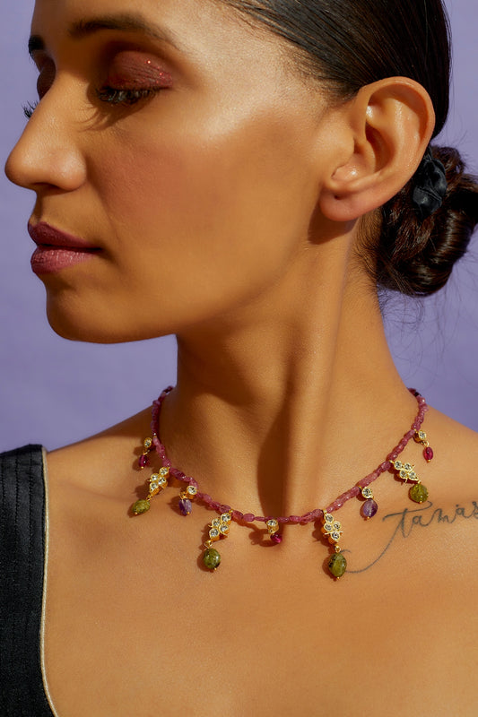 Gold Finish Multi-Colored Semi-Precious Stone Necklace In Sterling Silver