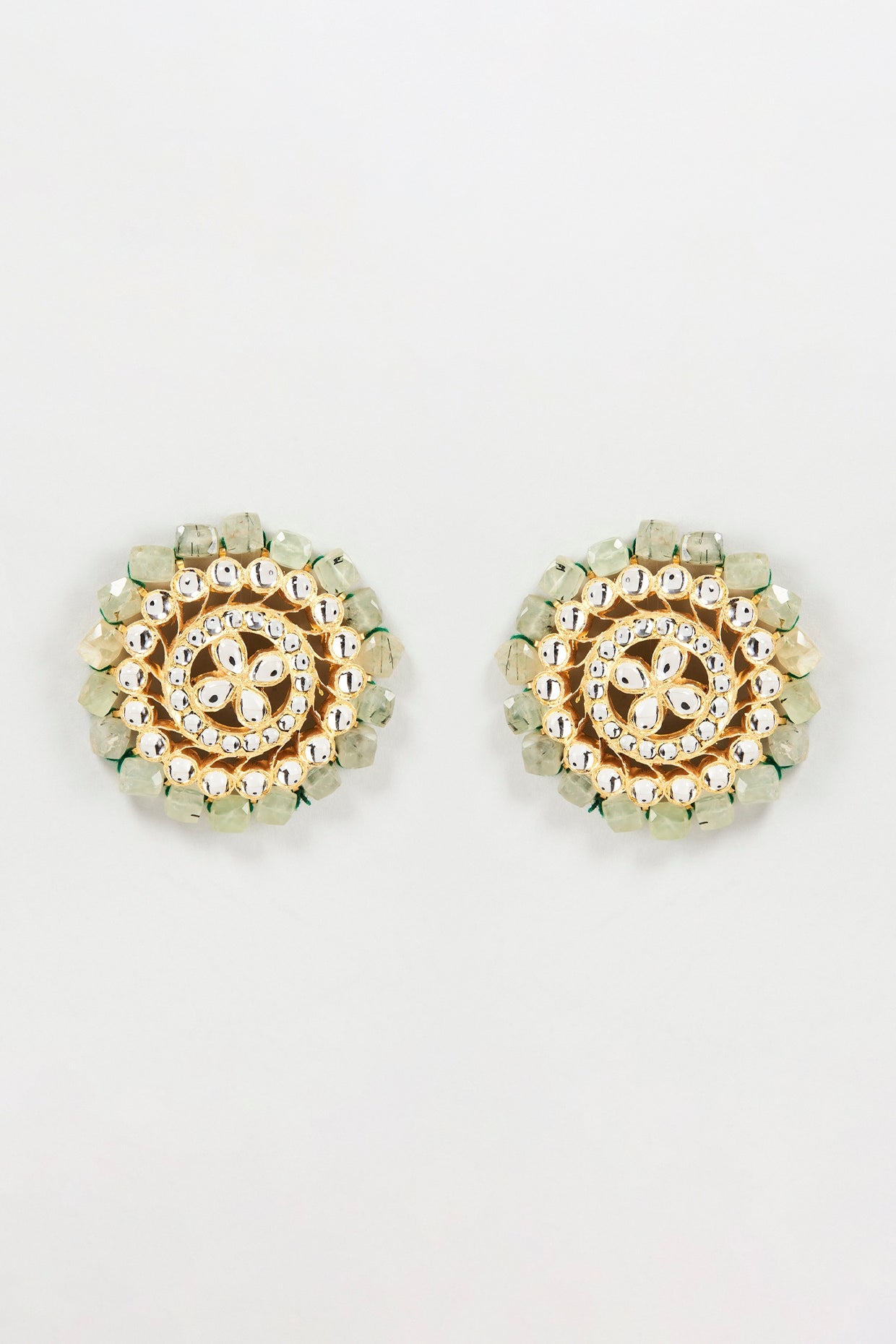 Gold Finish Green Semi-Precious Stone Stud Earrings In Sterling Silver