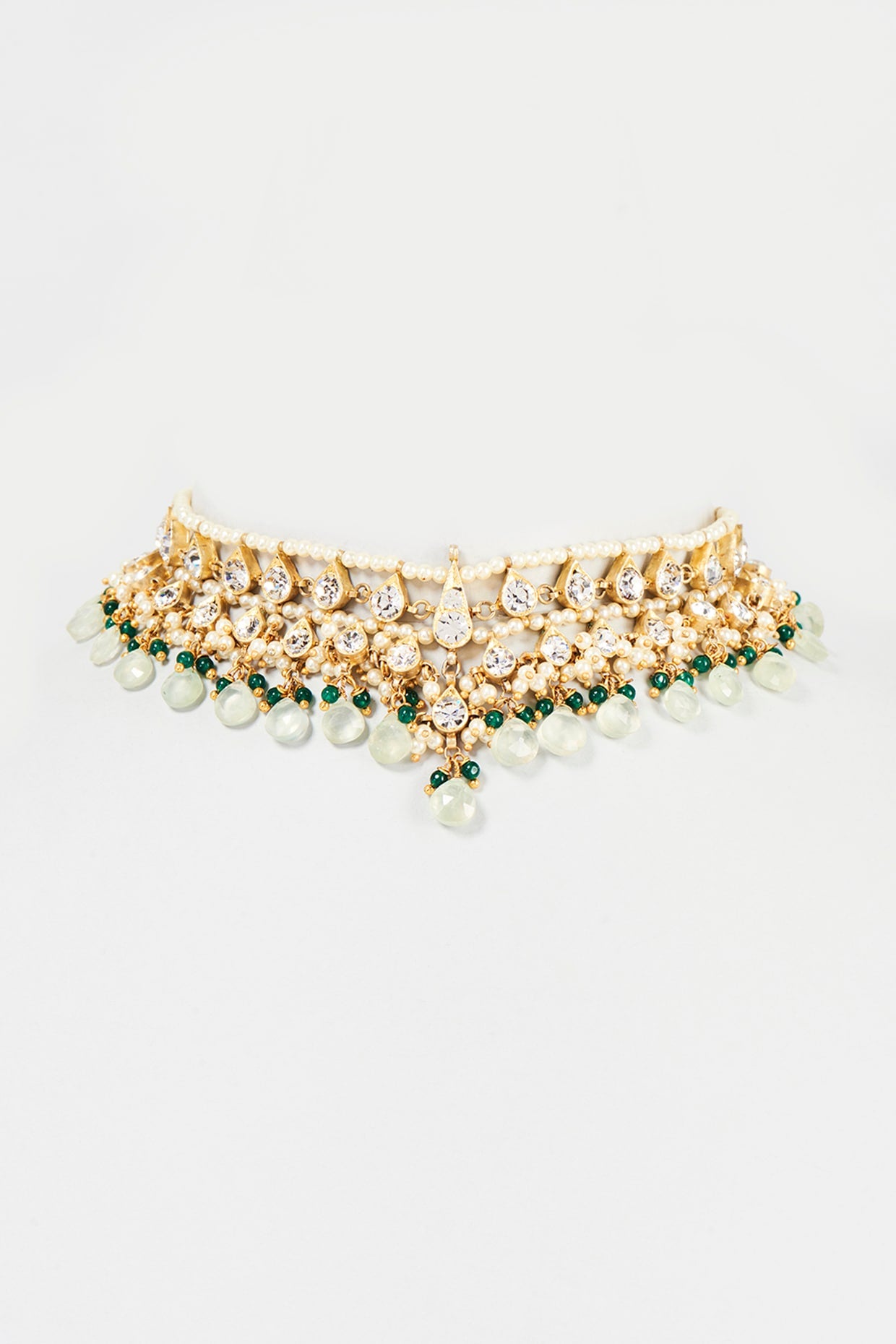 Gold Finish Green & White Stone Choker Necklace In Sterling Silver