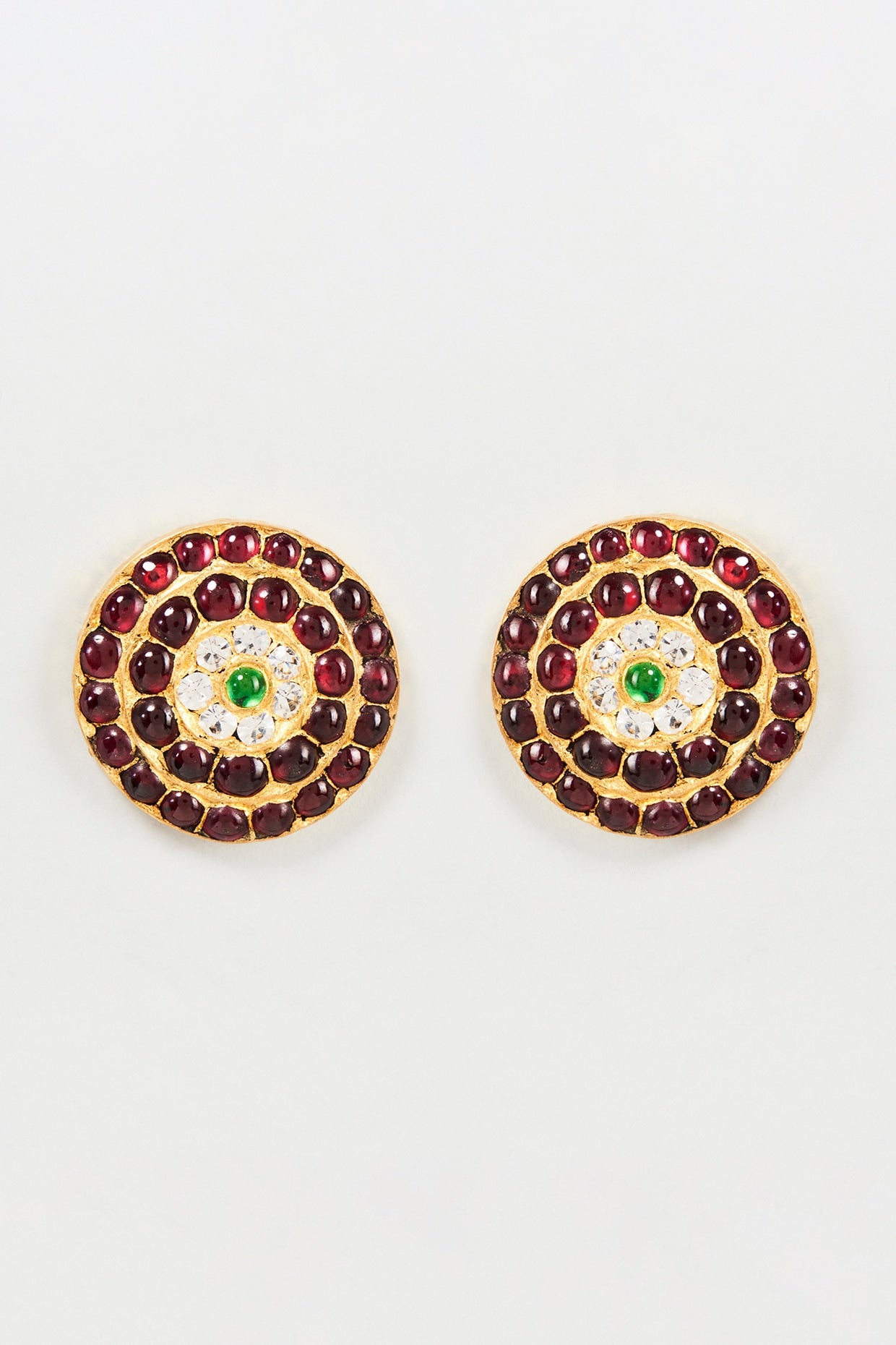 Gold Finish Red Semi-Precious Stone Stud Earrings In Sterling Silver