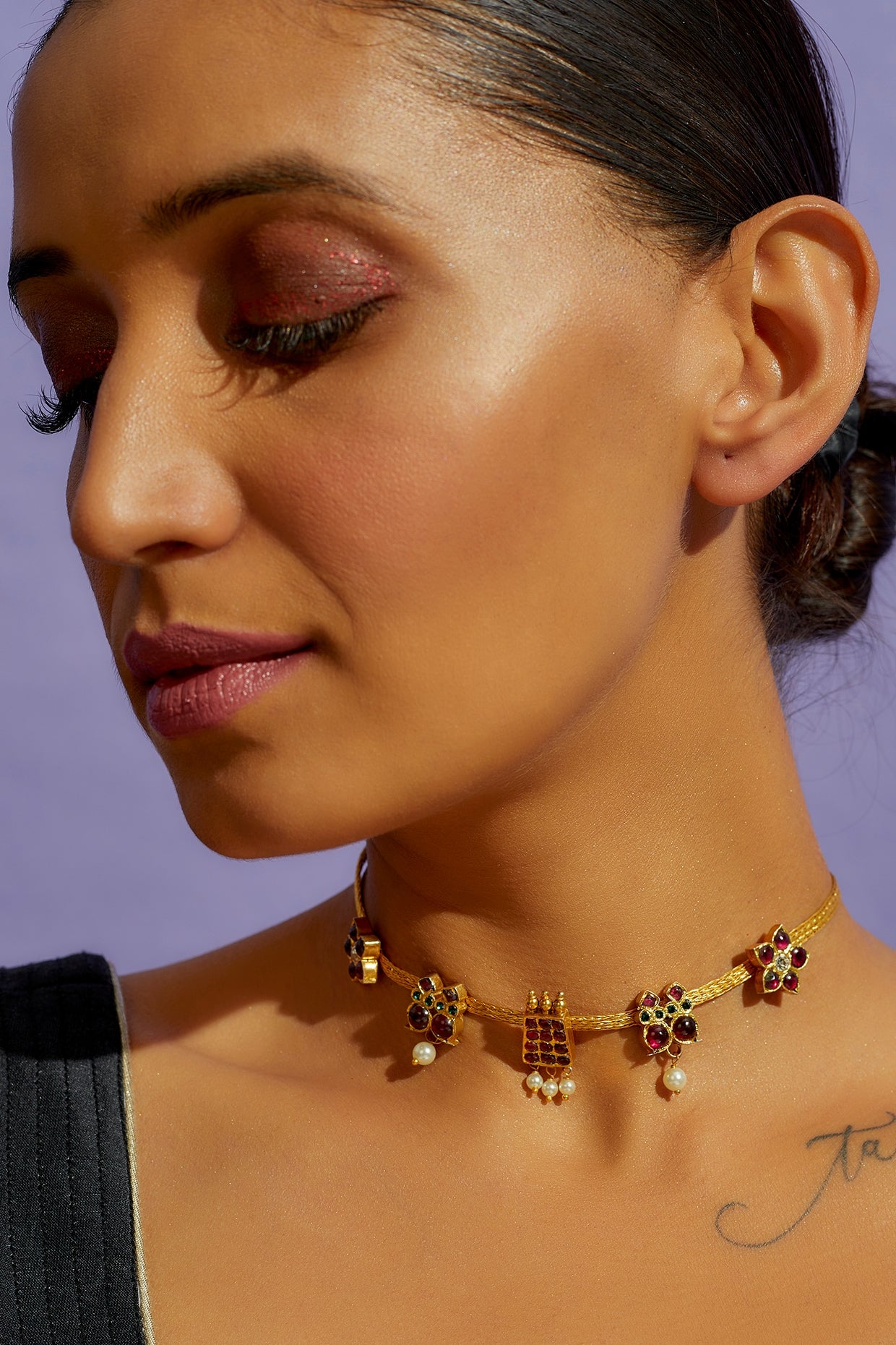 Gold Finish Red Stone Choker Necklace In Sterling Silver