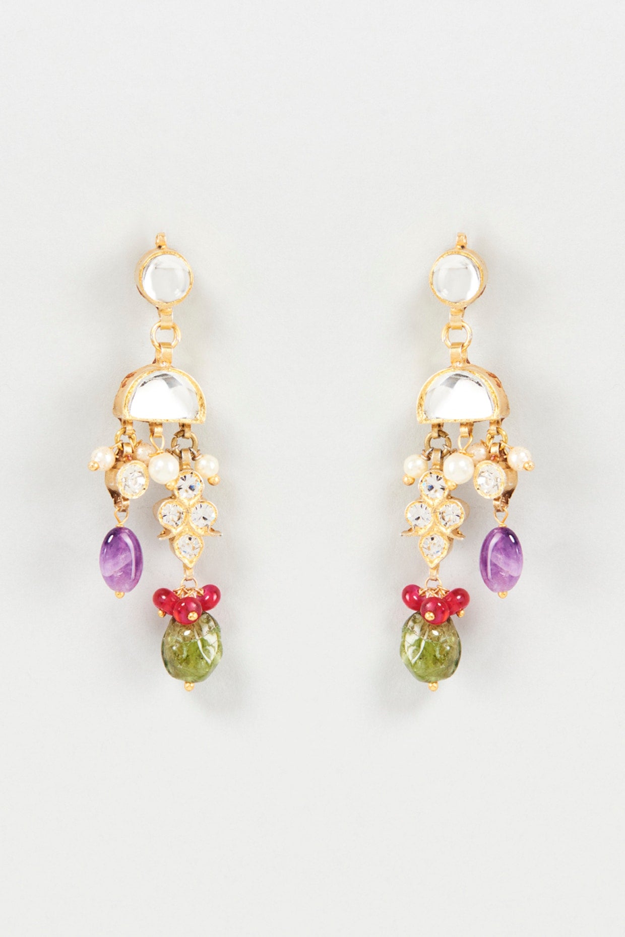 Gold Finish Multi-Colored Semi-Precious Stone Dangler Earrings In Sterling Silver